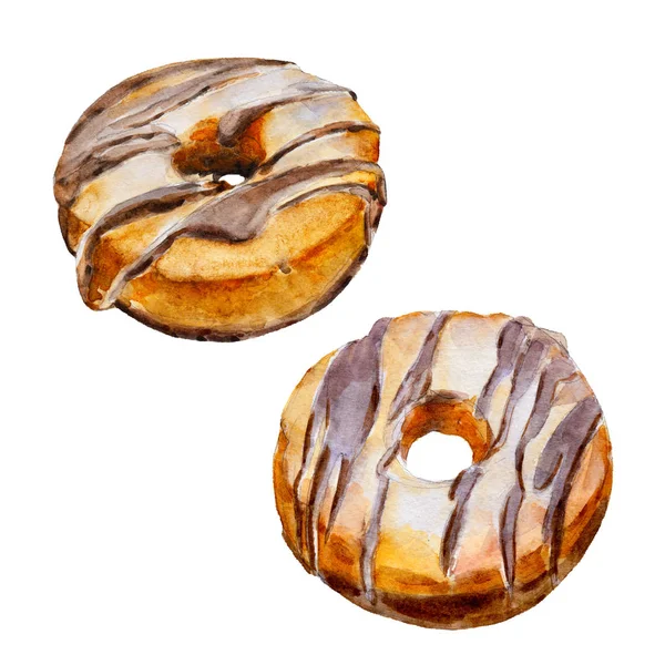 Os donuts com esmalte de chocolate isolado no fundo branco, ilustração aquarela definido no estilo desenhado à mão . — Fotografia de Stock