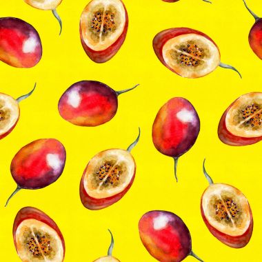 Sulu Boya Dikişsiz desen parlak sarı zemin üzerine kırmızı tamarillo ile. El suluboya resim çekilmiş.