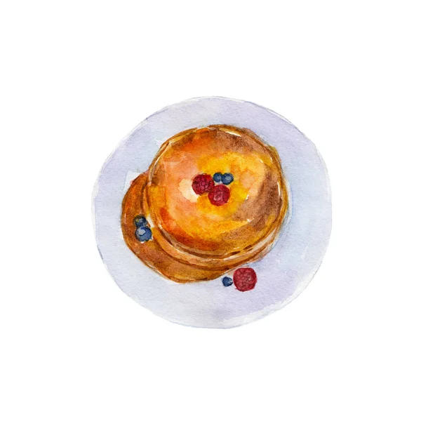 흰색 배경, 손으로 그린 스타일에 수채화 그림에 고립 된 열매와 팬케이크. — 스톡 사진