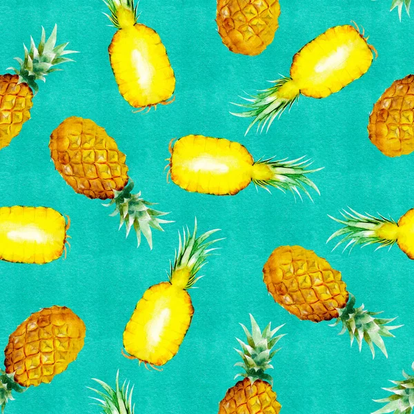 Acuarelă model fără sudură cu ananas pe fundal verde luminos. Ilustrație de acuarelă desenată manual . — Fotografie, imagine de stoc