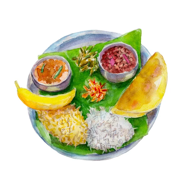 A comida bengali indígena nacional na folha de uma bananeira, ilustração aquarela isolada no fundo branco . — Fotografia de Stock