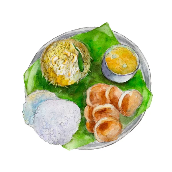 Den nationella indiska bengali mat på blad av en bananträd, akvarell illustration isolerade på vit bakgrund. — Stockfoto