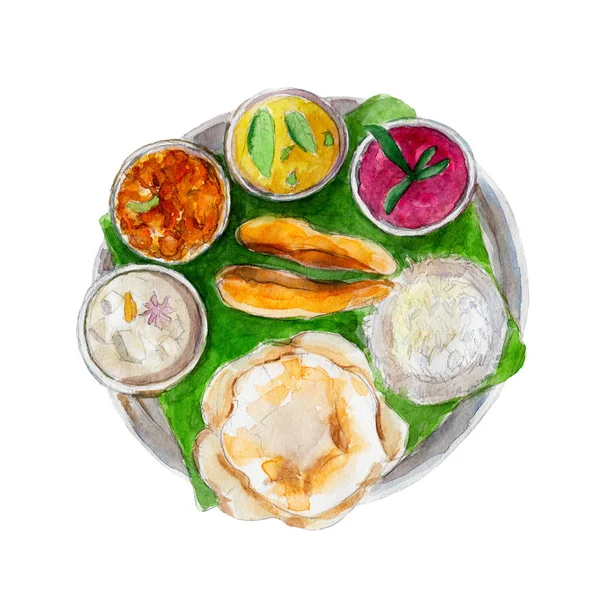 Národní indický bengálský potraviny na list banánovník, akvarel ilustrace izolované na bílém pozadí. — Stock fotografie