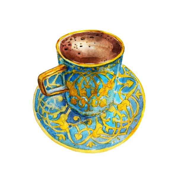 Beyaz arka planda, tarzı çizilmiş suluboya illüstrasyon izole Türk kahve fincanı. — Stok fotoğraf
