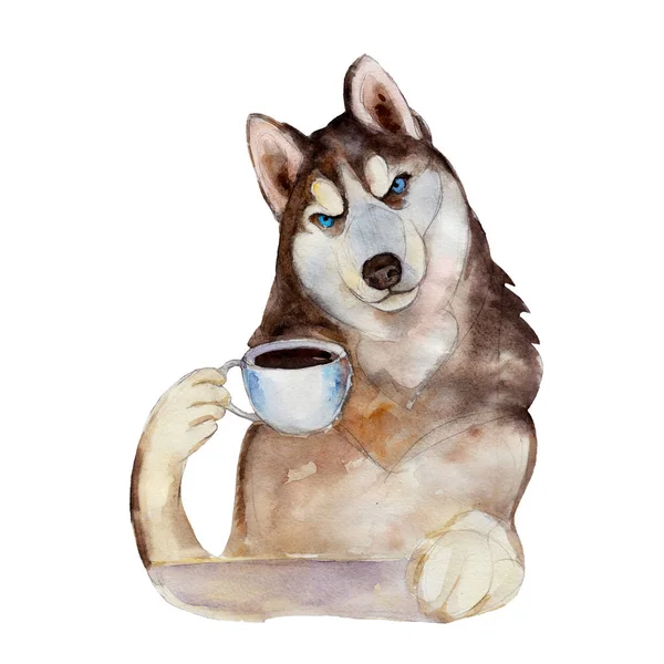 El perro husky con taza de café, ilustración de acuarela en estilo dibujado a mano . — Foto de Stock