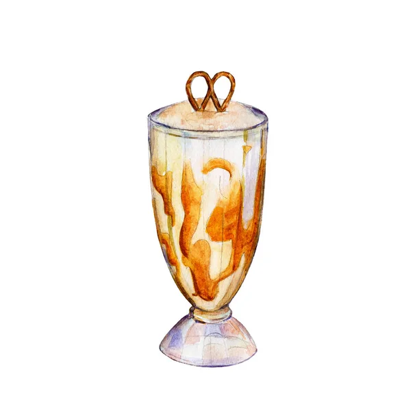 Karamel ve brezel, sulu boya resimde çizilmiş tarzı ile muzlu süt. — Stok fotoğraf