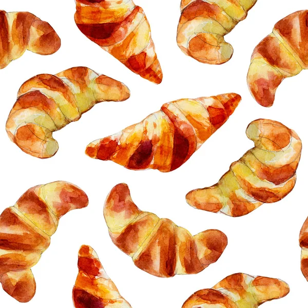 Croissanter sömlösa mönster, akvarell illustration i handritade stil. — Stockfoto