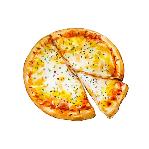 Pizza italiana con formaggio, illustrazione ad acquerello isolata su sfondo bianco . — Foto Stock