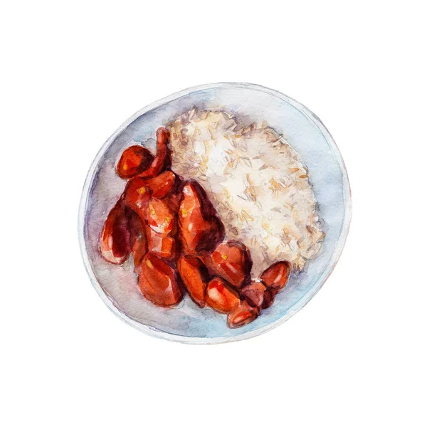 Κοτόπουλο τεριγιάκι με ρύζι, Ακουαρέλα εικονογράφηση που απομονώνονται σε λευκό φόντο. — Φωτογραφία Αρχείου