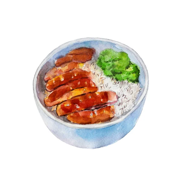 Frango teriyaki com arroz e legumes, ilustração aquarela isolado no fundo branco . — Fotografia de Stock