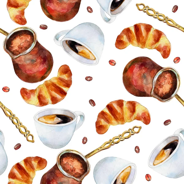 Patrón sin costuras con cafetera, taza y croissants, ilustración de acuarela en estilo dibujado a mano sobre fondo blanco . —  Fotos de Stock