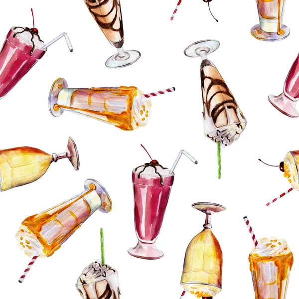 Seamless mönster med milkshakes, akvarell illustration i handritade stil på vit bakgrund. — Stockfoto