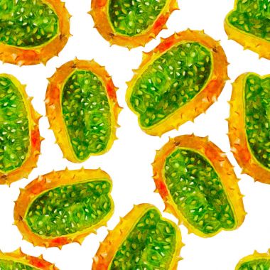 Kiwano suluboya seamless modeli. Beyaz arka plan, arka plan, duvar kağıdı, tekstil, şal ve etc için çizilmiş tasarım üzerinde izole parlak tropikal meyve.