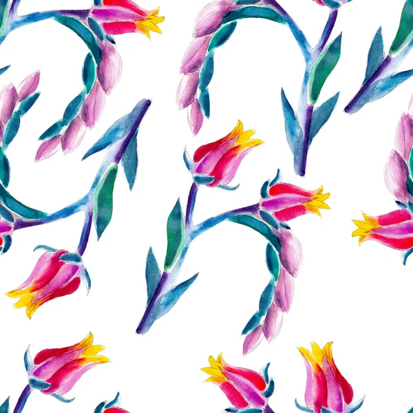 Exotische aquarel naadloze bloemenpatroon. Heldere tropische bloemen geïsoleerd op een witte achtergrond, handgetekende ontwerp voor achtergrond, behang en textiel, wrap. — Stockfoto