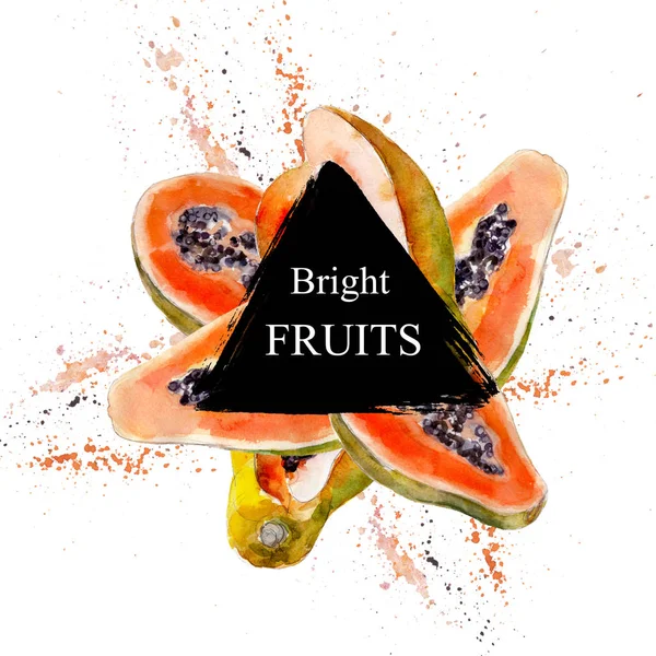 "Vente de fruits lumineux et autre modèle de flyer avec lettrage. Poster typographique, carte, étiquette, dessin de bannière. Illustration aquarelle avec fond papaye, éclaboussures et étiquette grunge triangulaire . — Photo