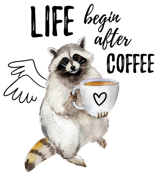 Racoon med kaffekopp och eleganta slogan, djurs karaktär isolerad på vit bakgrund akvarell illustration. — Stockfoto