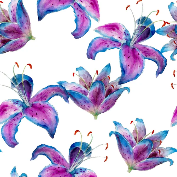 Paarse lelie aquarel naadloze patroon. Heldere tropische bloemen geïsoleerd op een witte achtergrond, handgetekende ontwerp voor achtergrond, behang en textiel, wrap. — Stockfoto