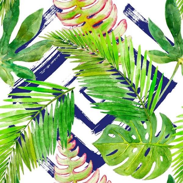 Tropische nahtlose Muster auf geometrischem Hintergrund. Handgezeichnetes Aquarell-Design für Hintergrund, Tapeten, Textilien, Wrap und so weiter. Tropisches Blatt auf blauem Strampler. — Stockfoto