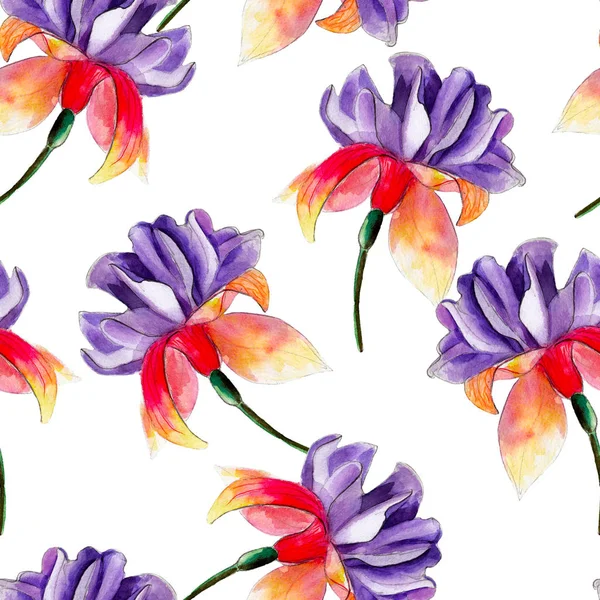 Fuchsia aquarel naadloze bloemenpatroon. Heldere tropische bloemen geïsoleerd op een witte achtergrond, handgetekende ontwerp voor achtergrond, walpaper, textiel, wrap en etc. — Stockfoto