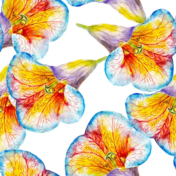 Lily flower akvarell sömlösa mönster. Ljusa tropiska blommor isolerad på vit bakgrund, handritade design för bakgrunden, walpaper, textil, wrap och etc. — Stockfoto