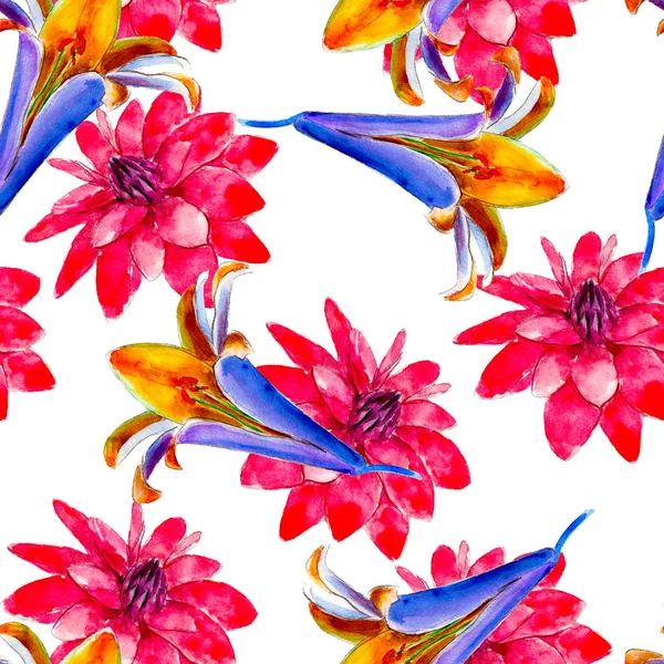 Lily aquarel naadloze patroon. Heldere tropische bloemen geïsoleerd op een witte achtergrond, handgetekende ontwerp voor achtergrond, behang en textiel, wrap. — Stockfoto