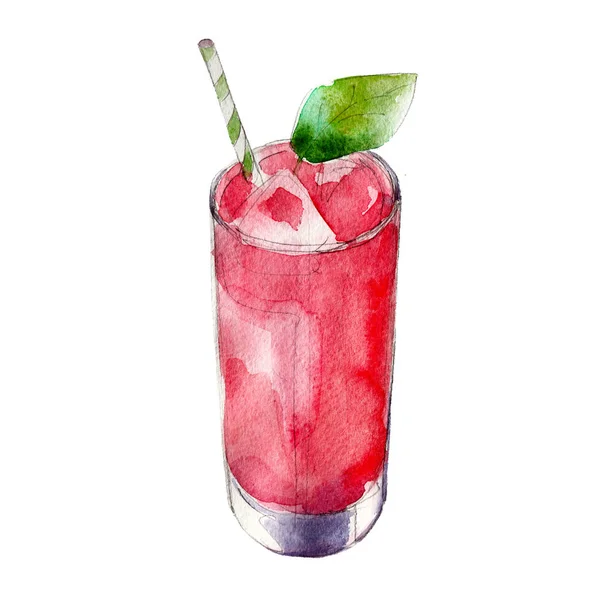 Jordgubbsjuice i glas med mynta blad, akvarell illustration isolerade på vit bakgrund. — Stockfoto