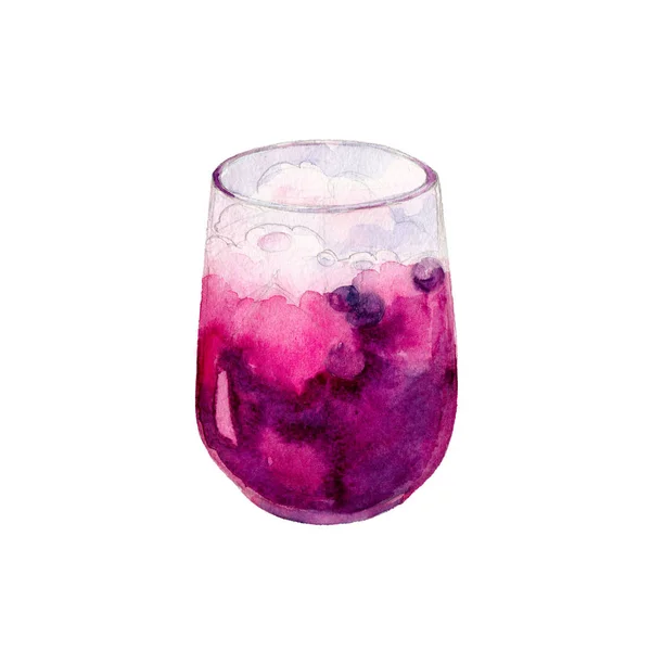 Jus de bleuets avec glace en verre, illustration aquarelle isolée sur fond blanc . — Photo