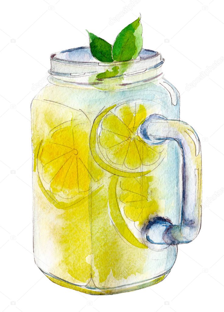 Watercolor glass of lemonade isolated on white background, hand drawn illustration.