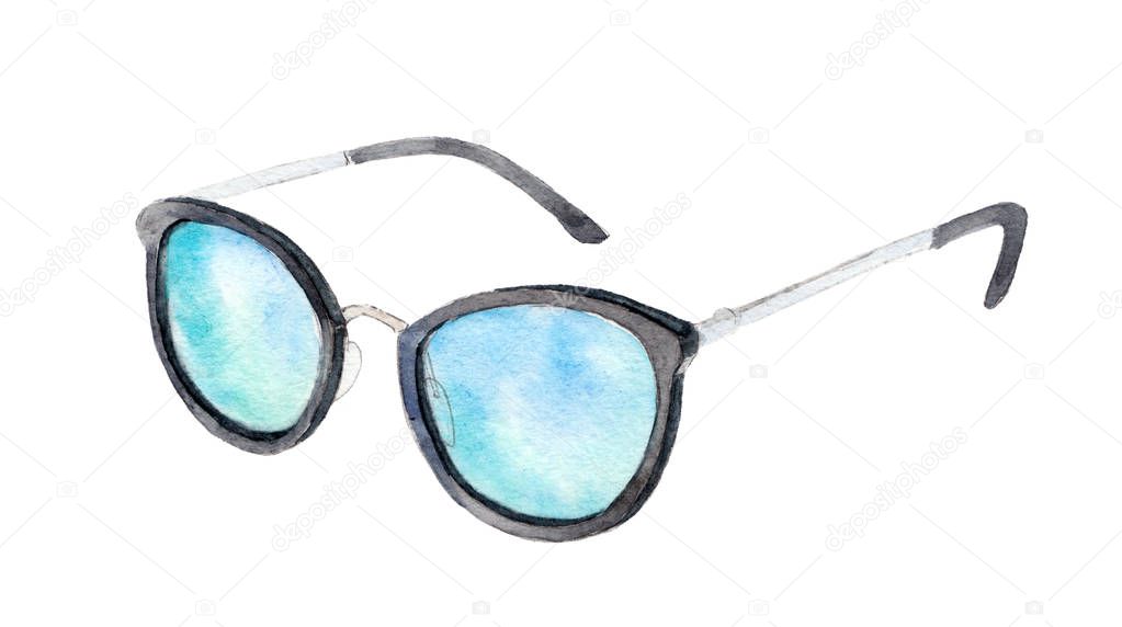 Watercolor sunglasses isolated on white background, hand drawn illustration.