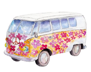 The hippie bus, watercolor illustration isolated on white background.