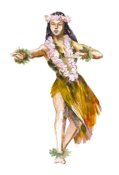 Hula Hawaii Tänzerin Mädchen, Aquarell-Illustration isoliert auf weißem Hintergrund. — Stockfoto