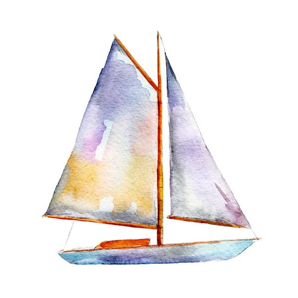 Ilustração aquarela, desenhado à mão veleiro branco objeto isolado no fundo branco . — Fotografia de Stock