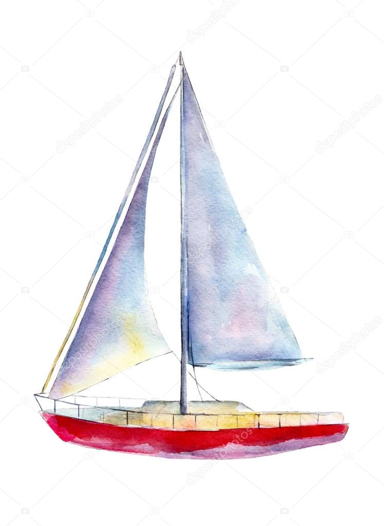 Watercolor illustration, hand drawn sailboat isolated object on white background.