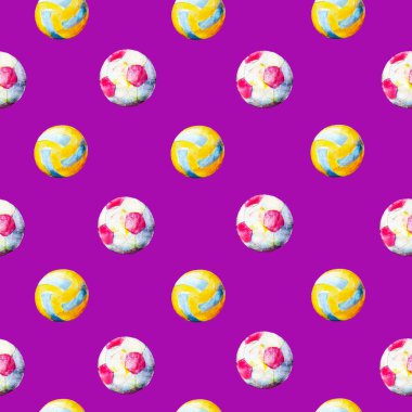 Voleybol ve futbol topları, parlak çizilmiş yaz arka plan ile sulu boya Dikişsiz desen.