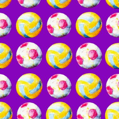 Voleybol ve futbol topları, parlak çizilmiş yaz arka plan ile sulu boya Dikişsiz desen.