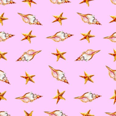 Deniz ve deniz yıldızları, çizilmiş suluboya arka plan ile sulu boya Dikişsiz desen.