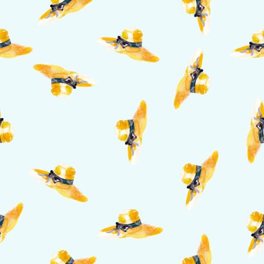 Hasır şapkalar, çizilmiş suluboya arka plan ile sulu boya Dikişsiz desen.