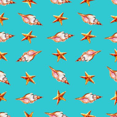 Deniz ve deniz yıldızları, çizilmiş suluboya arka plan ile sulu boya Dikişsiz desen.