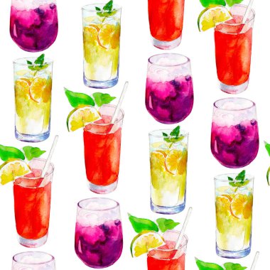 Limonata seamless modeli, beyaz arka plan üzerine çizilmiş suluboya.