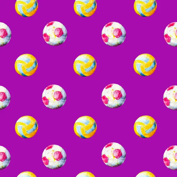 Voleybol ve futbol topları, parlak çizilmiş yaz arka plan ile sulu boya Dikişsiz desen.