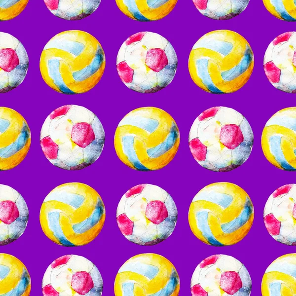 Voleybol ve futbol topları, parlak çizilmiş yaz arka plan ile sulu boya Dikişsiz desen.