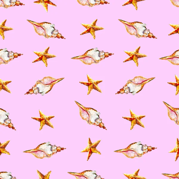 Deniz ve deniz yıldızları, çizilmiş suluboya arka plan ile sulu boya Dikişsiz desen.