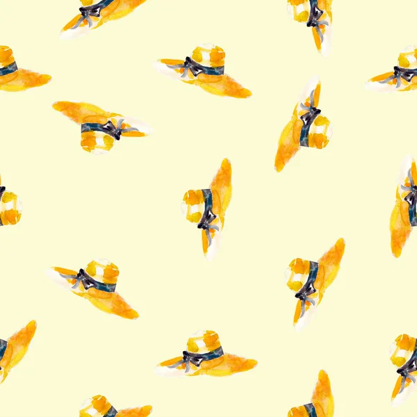Hasır şapkalar, çizilmiş suluboya arka plan ile sulu boya Dikişsiz desen.
