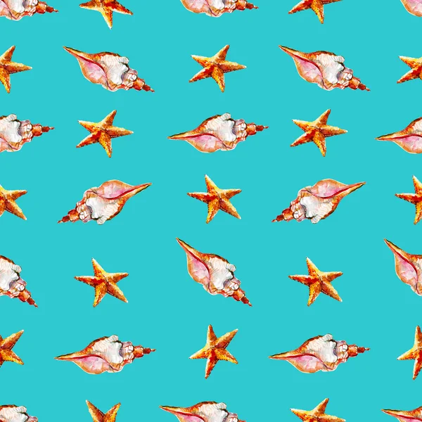 Aquarell nahtloses Muster mit Muscheln und Seesternen, handgezeichneter Aquarell-Hintergrund. — Stockfoto