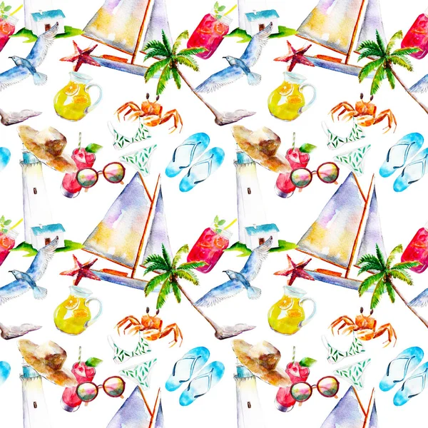 Urlaub Sommer Hintergrund, handgezeichnete Aquarell nahtlose Muster auf weißem Hintergrund. — Stockfoto