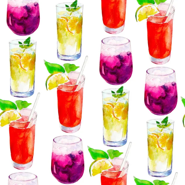 Limonade nahtloses Muster, handgezeichnetes Aquarell auf weißem Hintergrund. — Stockfoto