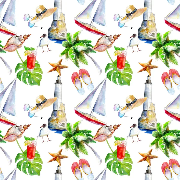 Holidays summer background, hand-drawn watercolor seamless pattern on white background. — Stock Photo, Image
