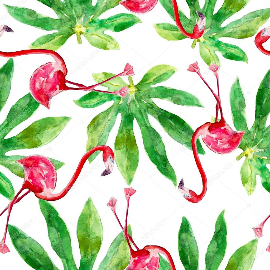 Flamingo and aralia leaf, watercolor seamless pattern, hand-drawn summer  background.
