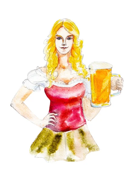 Menina bávara com caneca de cerveja isolada no fundo branco, ilustração aquarela desenhada à mão para octoberfest . — Fotografia de Stock