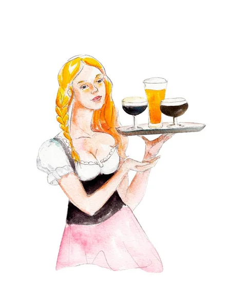 Menina bávara com bandeja de cerveja isolada no fundo branco, ilustração aquarela desenhada à mão para octoberfest . — Fotografia de Stock